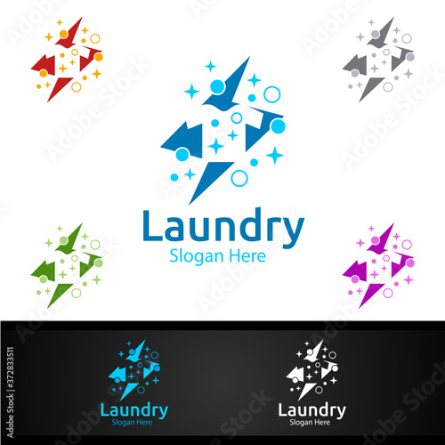 Fast Laundry Dry Cleaners Logo with Clothes, Water and Washing Concept