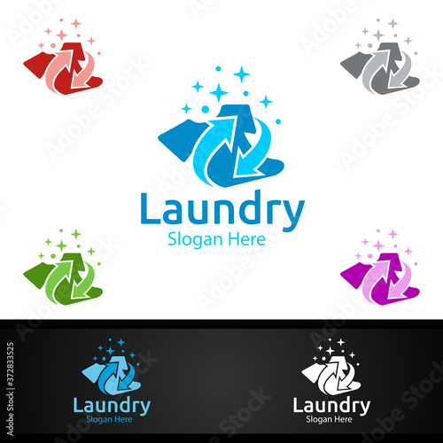 Laundry Dry Cleaners Logo with Clothes, Water and Washing Concept