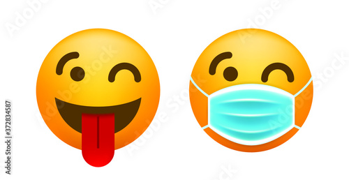 Realistic Cute Emoticon with Face Mask on White Background . Isolated Vector Illustration 