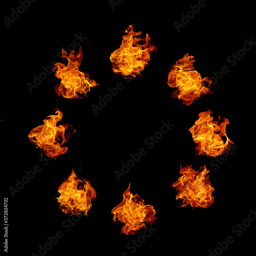 Fire flames collection on black background