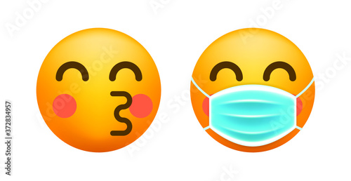 Realistic Cute Emoticon with Face Mask on White Background . Isolated Vector Illustration 