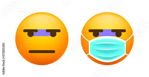 Realistic Cute Emoticon with Face Mask on White Background . Isolated Vector Illustration 