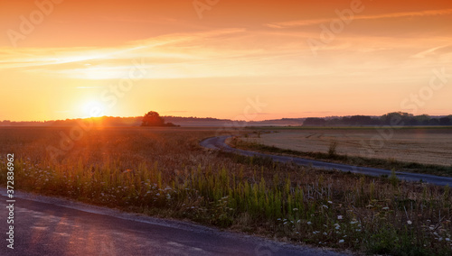 Country road and Sunrise in the French Gatinais regional nature park