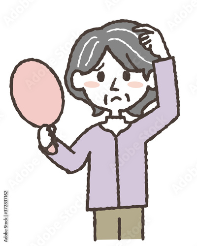 白髪を気にするおばあさんのイラスト