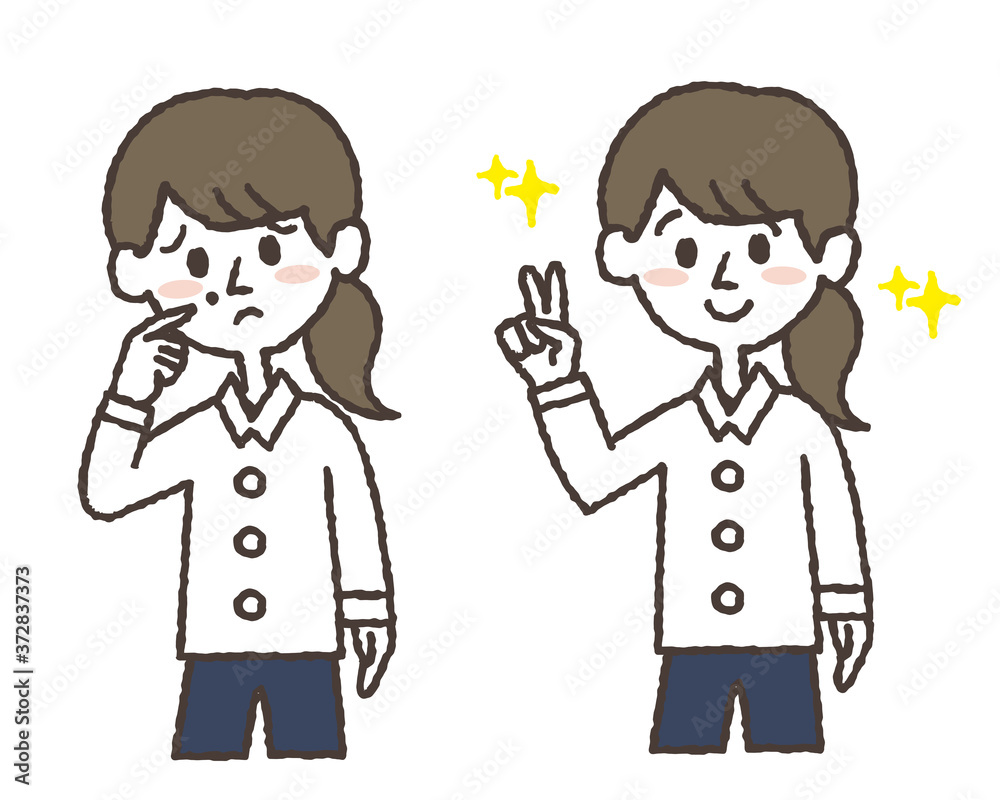ホクロを気にする若い女性と、ホクロを取り除いた若い女性のイラストセット ホクロを気にする若い女性と、ホクロを取り除いた若い女性のイラストセット