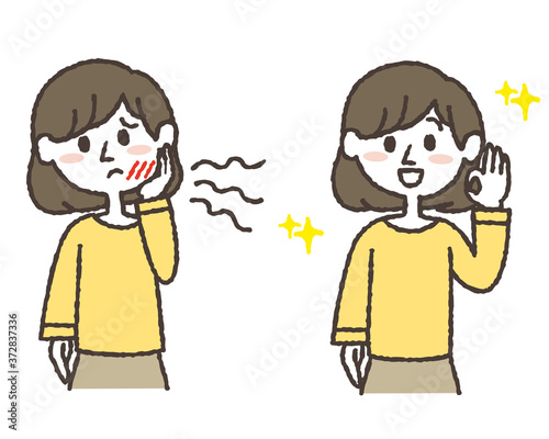 歯が痛む若い女性と、治った若い女性のイラストセット