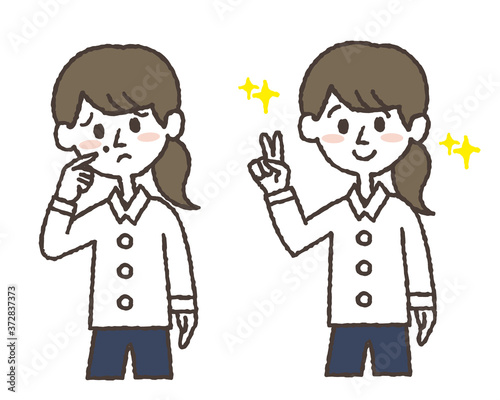 ホクロを気にする若い女性と、ホクロを取り除いた若い女性のイラストセット