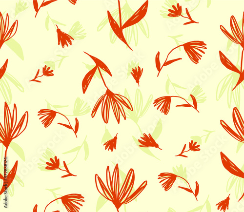 Hand Drawing Abstract Exotic Flowers and Leaves Sketch Repeating Vector Pattern Isolated Background