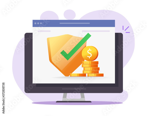 Web money insurance digital vector financial web protection online guarantees, internet cash secure investment safety on desktop computer pc vector flat, electronic currency wealth shield icon modern