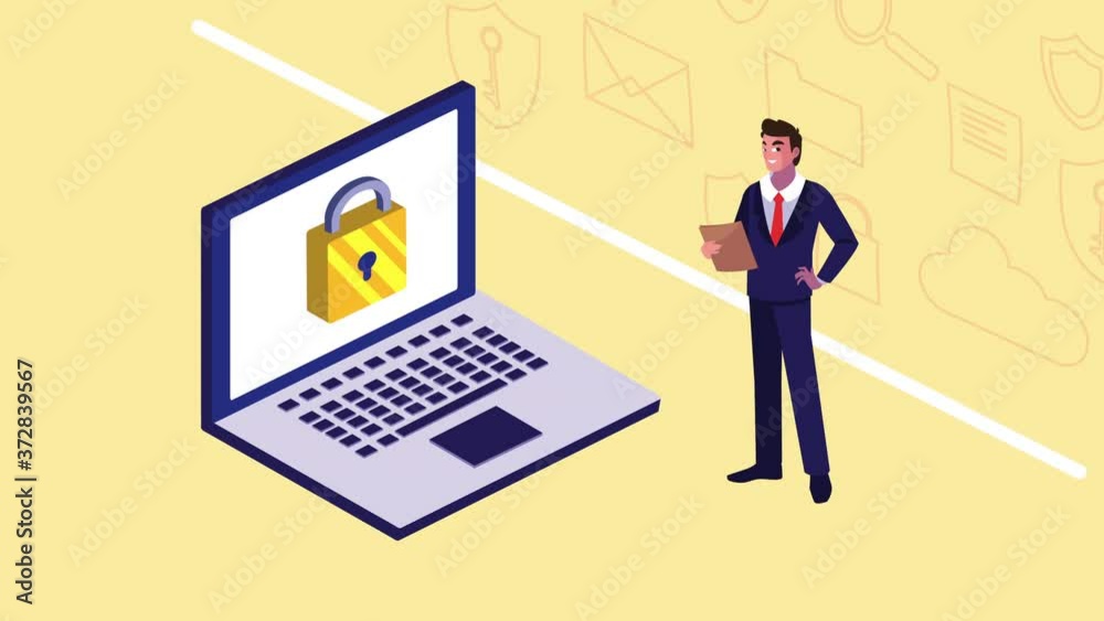 businessman worker with padlock in laptop character animation businessman worker with padlock in laptop character animation