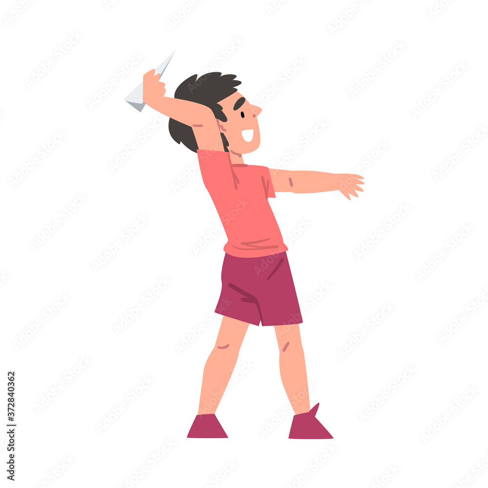 Boy Playing Paper Toy Airplane Cartoon Style Vector Illustration on White Background