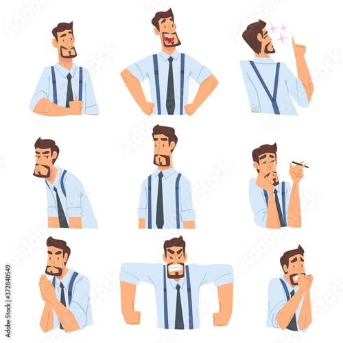 Businessman with Various Emotions and Face Expression, Office Worker Character, Business Avatar Cartoon Style Vector Illustration