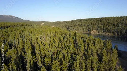 Aerial fly over forest trees and river at Miles Canyon Whitehorse Yukon photo