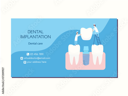 Vector dental implant dentistry business card design. Two implantologists place a dental implant: a crown is put on the abutment. Next to healthy teeth. Blue and white colors, flat style clip art.