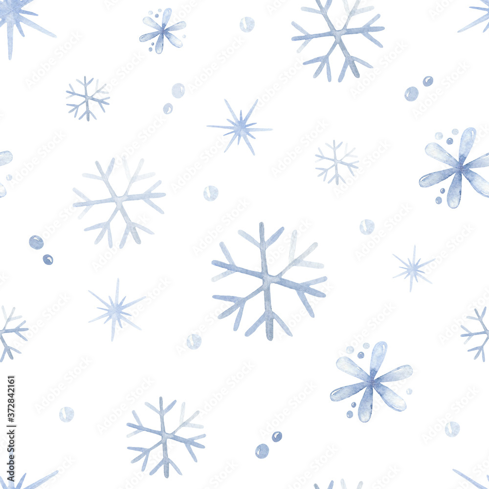 Watercolor seamless christmas pattern with blue snowflakes