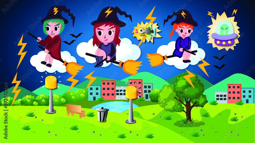 Fototapeta premium Magic Land With Witch Flying At Night Illustration 