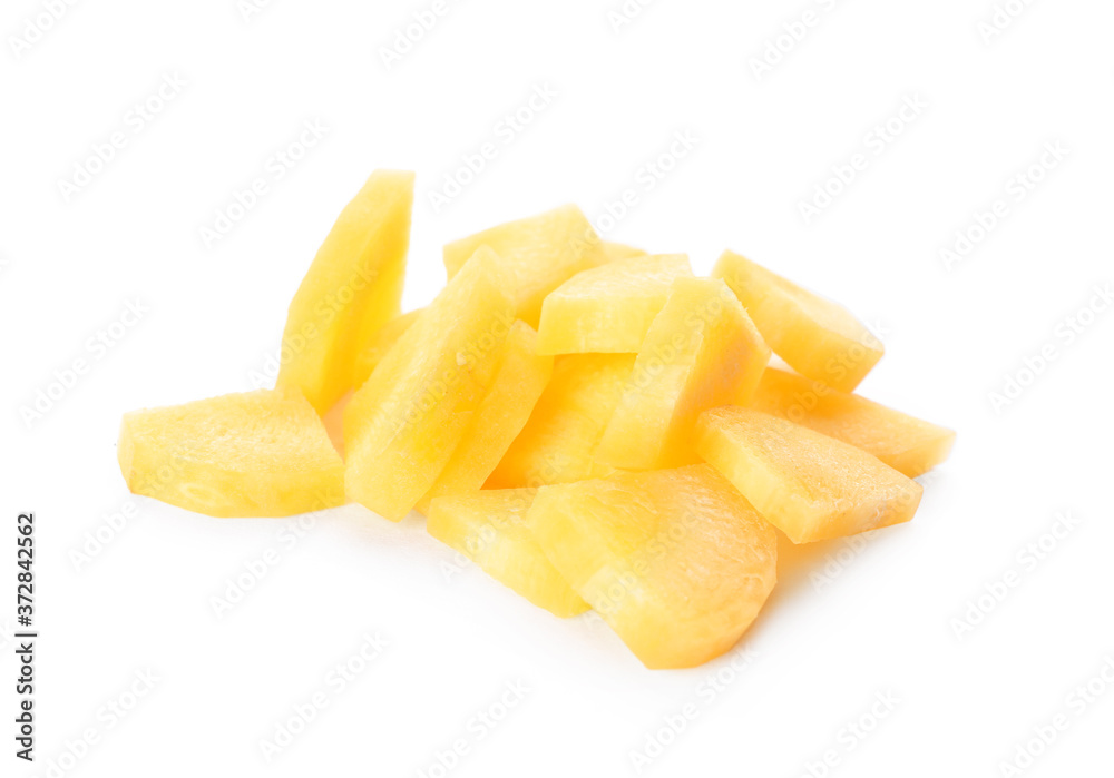 Slices of raw yellow carrot isolated on white Slices of raw yellow carrot isolated on white
