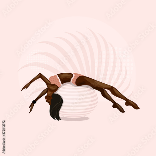 African American girl goes in for sports on gymnastic ball. Aerobics on fit-ball.  Healthy lifestyle, home or fitness room. vector illustration.