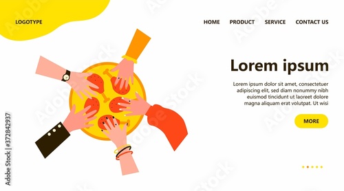 Grilled chicken legs for diverse company. Multiethnic human hands, dish, meat flat vector illustration. Barbecue party, eating together concept for banner, website design or landing web page