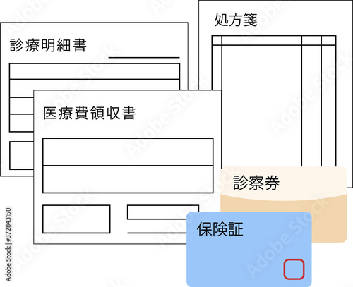 病院受診後の医療費領収書・処方箋・診療明細書・診察券・保険証　イメージ