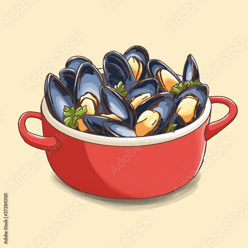 Delicious mussels in a pot