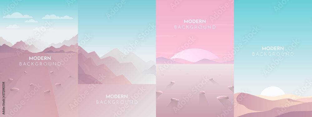 Desert, Beach, Shore, Mountains, Dunes. Abstract landscape set, Vector banners set with polygonal landscape illustration, Minimalist style, Flat design