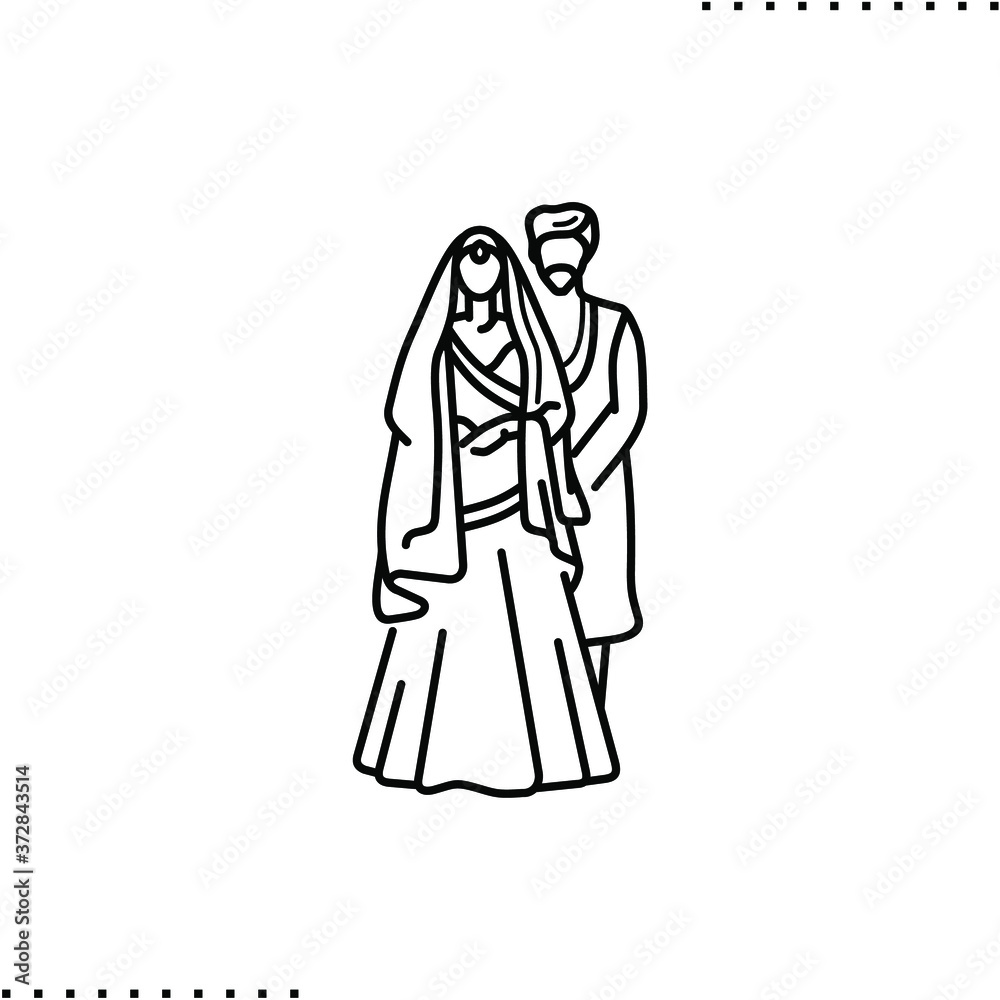 bridal wear, Indian bride and groom, heritage menswear and wedding dress vector icon in outline