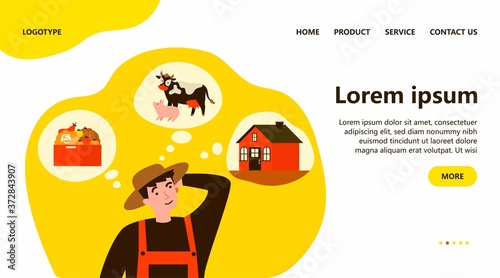 Farmer choosing between agriculture, cattle breeding and house. Thinking, choice flat vector illustration. Decision making concept for banner, website design or landing web page