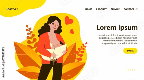 Happy cartoon mom breastfeeding baby flat vector illustration. Young mother giving milk to infant. Natural feeding via breast. Healthy nutrition, motherhood and parenting concept