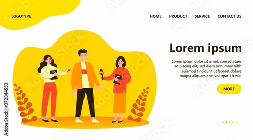 Female journalists with microphones interviewing man. Operator shooting reporters conversation with male character. Vector illustration for news, reportage, mass media concept