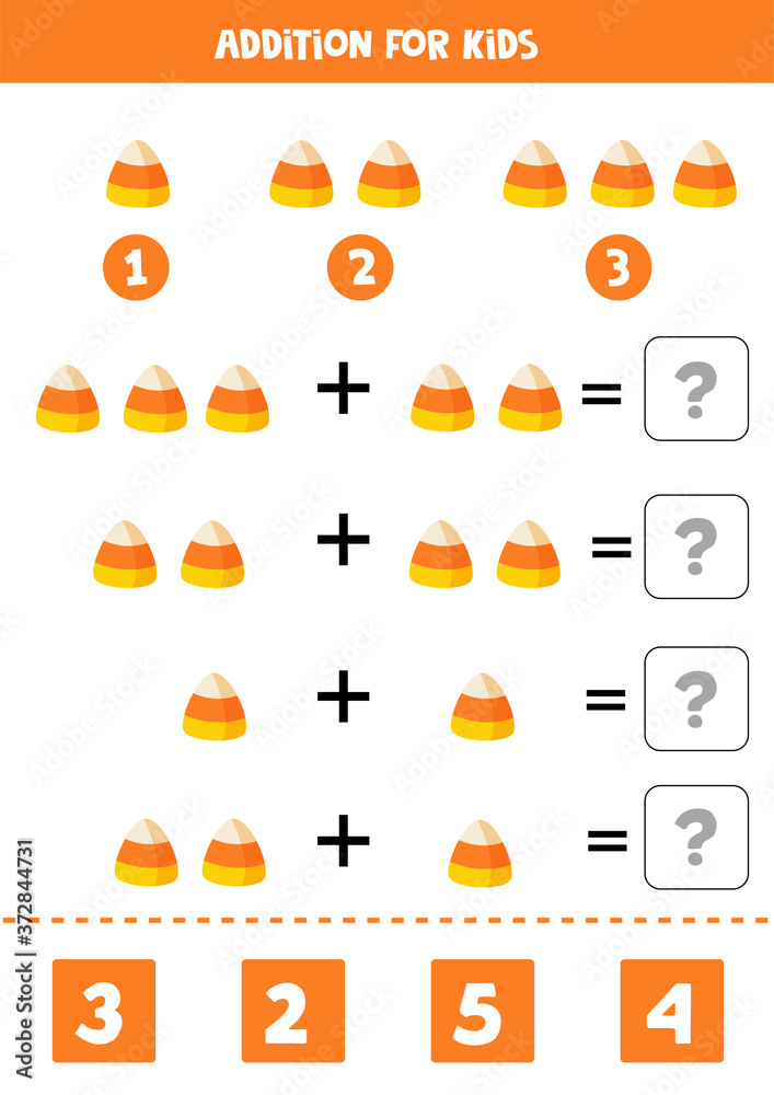 Plakat Addition math game with cute cartoon Halloween candy.