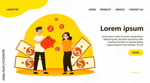 Happy kids saving money. Children with piggy bank, cash, dollar flat vector illustration. Finance management, family budget concept for banner, website design or landing web page