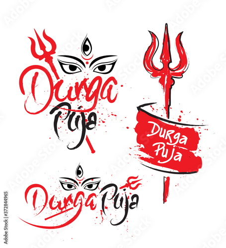 Durga Puja Text Typography Vector Illustration, Goddess Durga Eyes, and Trident Illustration photo