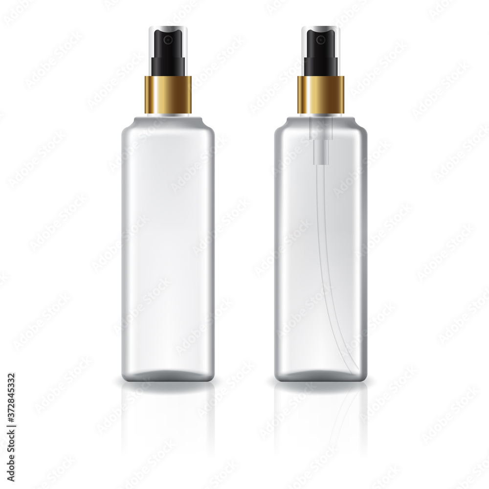 white and clear square cosmetic bottle with gold spray head for beauty or healthy product.