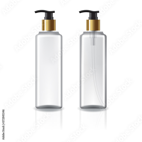 white and clear square cosmetic bottle with gold pump head for beauty or healthy product.