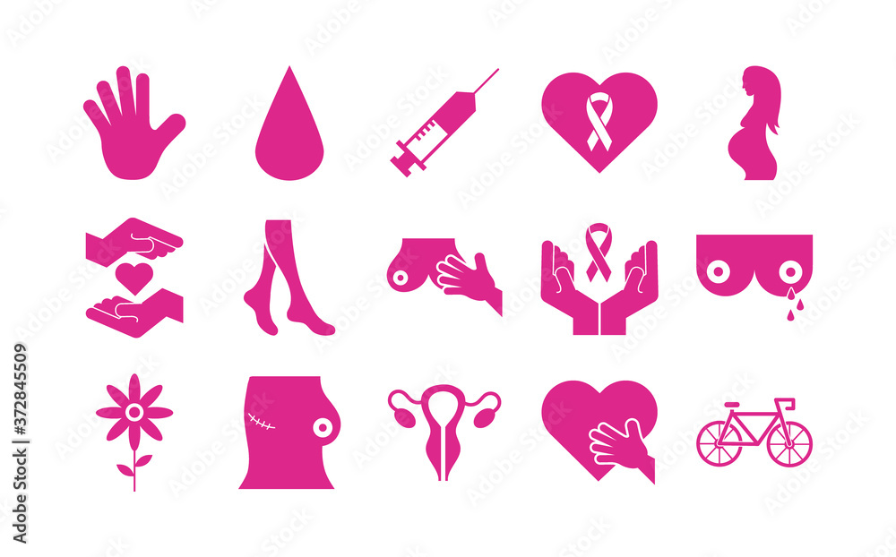 bundle of fifteen breast cancer set icons