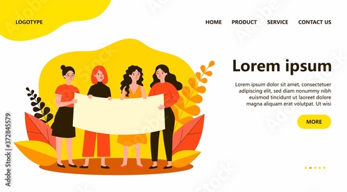 Female group gathering for protest. Woman standing together and holding blank banner with copy space. Vector illustration for fight, movement, feminism, activism concept