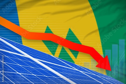 Saint Vincent and the Grenadines solar energy power lowering chart, arrow down - modern natural energy industrial illustration. 3D Illustration