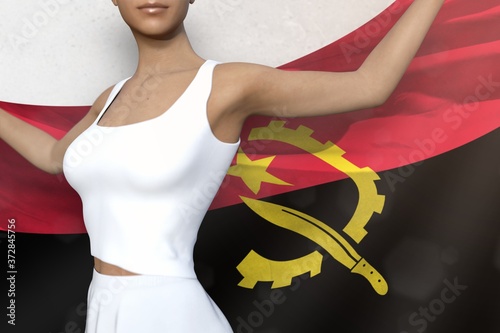 young woman holds Angola flag in hands behind her back on the white background - flag concept 3d illustration photo