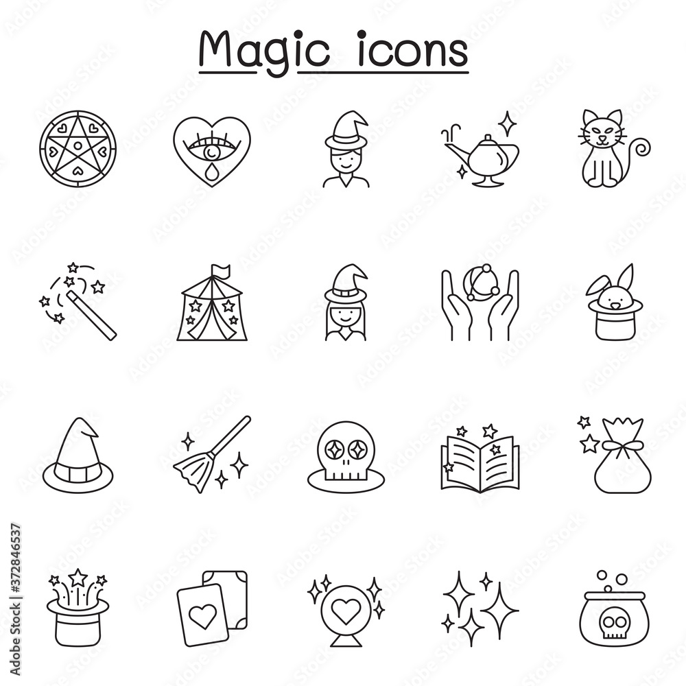 Fototapeta premium Set of Magic Related Vector Line Icons. Contains such Icons as clairvoyance, magician, witch, Wand, Spell Book, Effect and more
