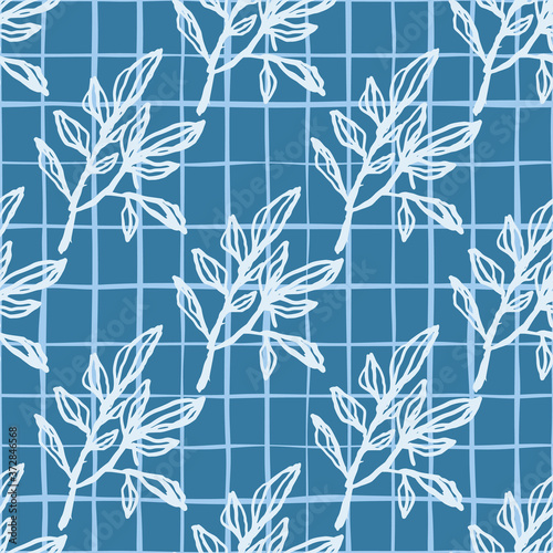 Stylized seamless doodle pattern with outline white branches silhouettes. Bright blue background with check.