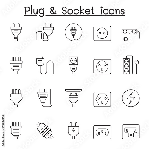Set of Plug Related Vector Line Icons. Contains such Icons as Socket, outlet, Charge, outlet, wire, cable, cord, prong and more.