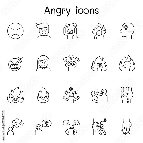 Set of angry Related Vector Line Icons. Contains such Icons as crazy, mad, violence, aggressive, boxing, hit, punch and more
