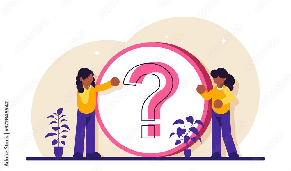 Obraz premium FAQ. Frequently Asked Questions. Technical support workers. Women stand near a large question mark. Modern flat illustration.