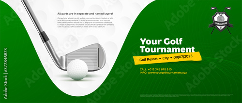Invitation template for golf tournament with ball and stick