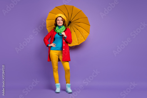Full length body size view of her she nice-looking attractive lovely pretty fashionable cheerful dreamy wavy-haired girl holding umbrella posing isolated on violet lilac purple pastel color background