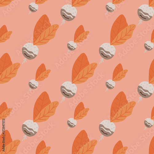 Summer seamless pattern with orange and white colored radish. Pink background. Stylized vegetable print.