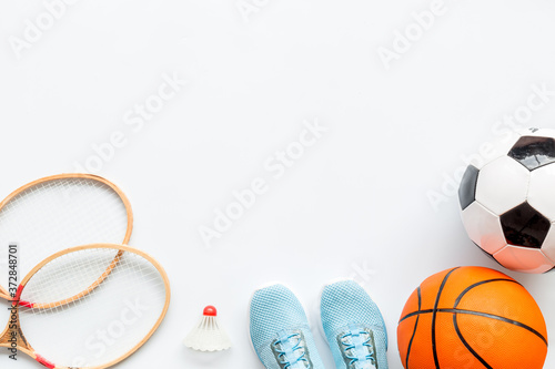 Set of sport games balls and equipment on white baclground. Top view copy space