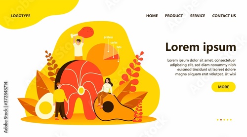 Happy people keeping keto diet and eating high fat and protein foods. Meat, fish, eggs and avocado lovers. Vector illustration for ketogenic diet, healthy nutrition concept