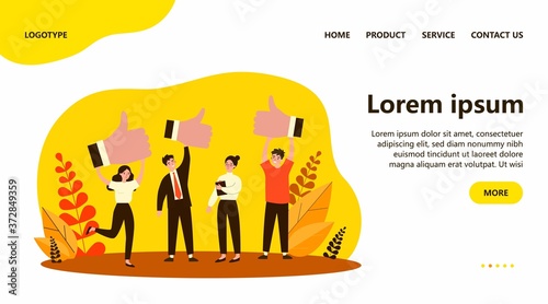 Happy clients giving positive feedback to product quality. Customers showing like, giving support to top service. Vector illustration for rating, survey, marketing, business success concept